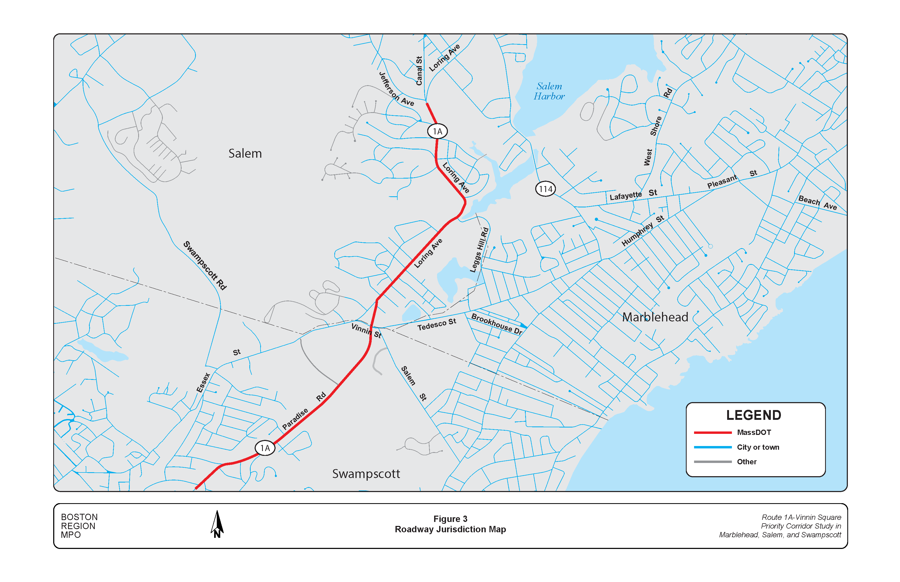 FIGURE 3. Roadway Jurisdiction Map.Figure 3 is a map of roadways in the study area denoting where MassDOT or municipalities have jurisdiction of the roadways.